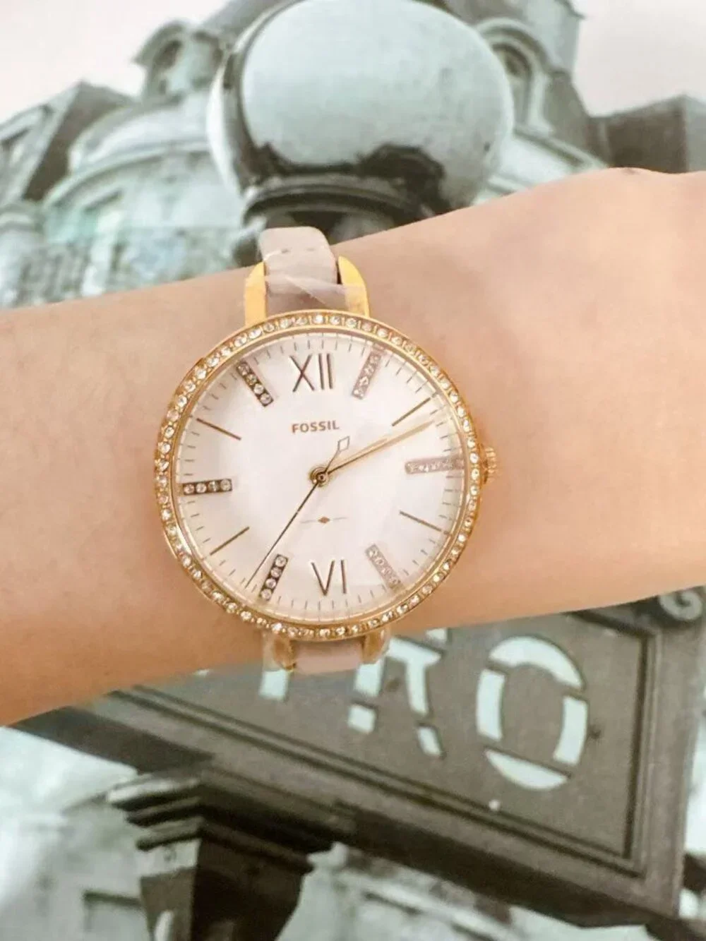 Fossil Annette ES4402 Rose Gold Crystal Bezel Pink Leather Quartz Watch